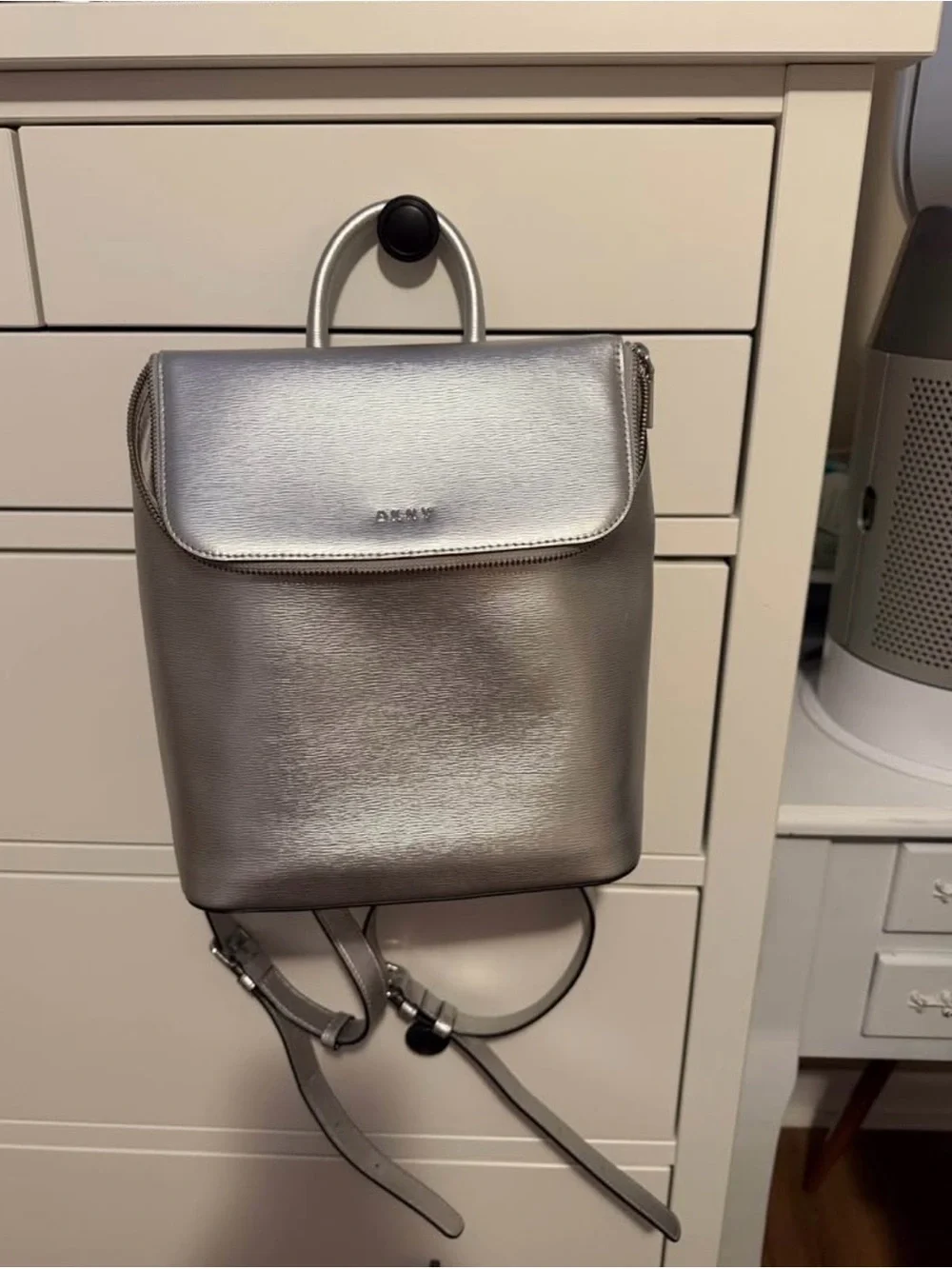 DKNY Metallic Silver Leather Backpack Rucksack Bag